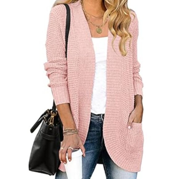 MEROKEETY Womens Long Sleeve Pink Open Front Cardigan Sweater L - Picture 1 of 9